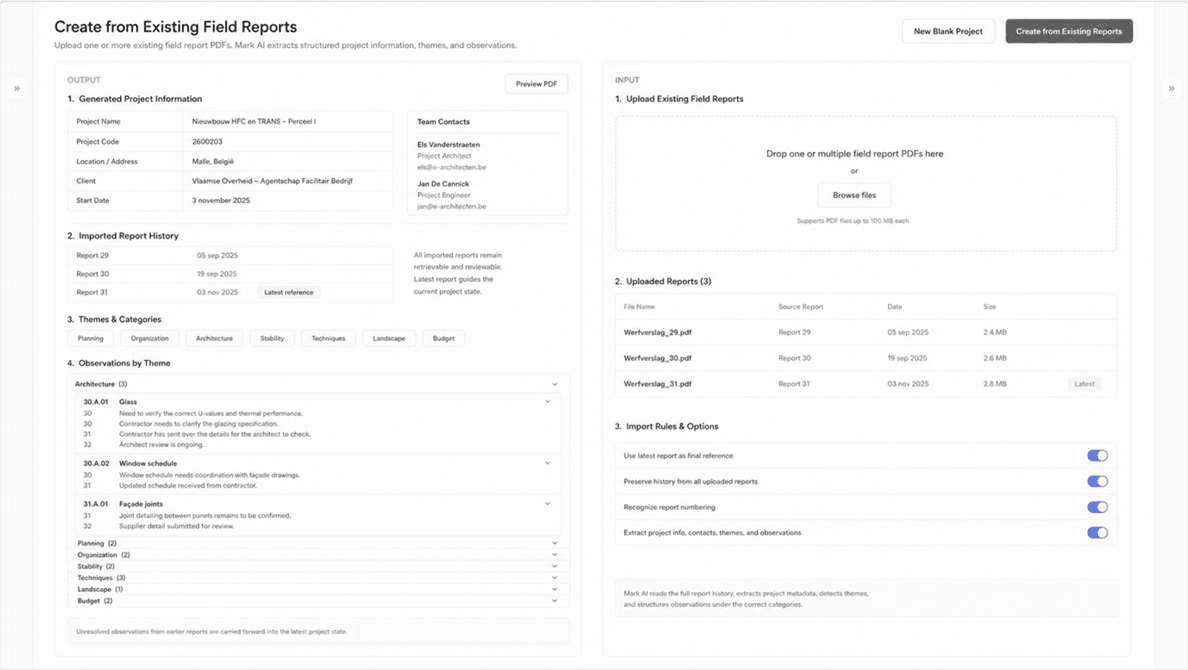 Mark's import screen: existing field report PDFs on the right, extracted project information, themes and observations on the left